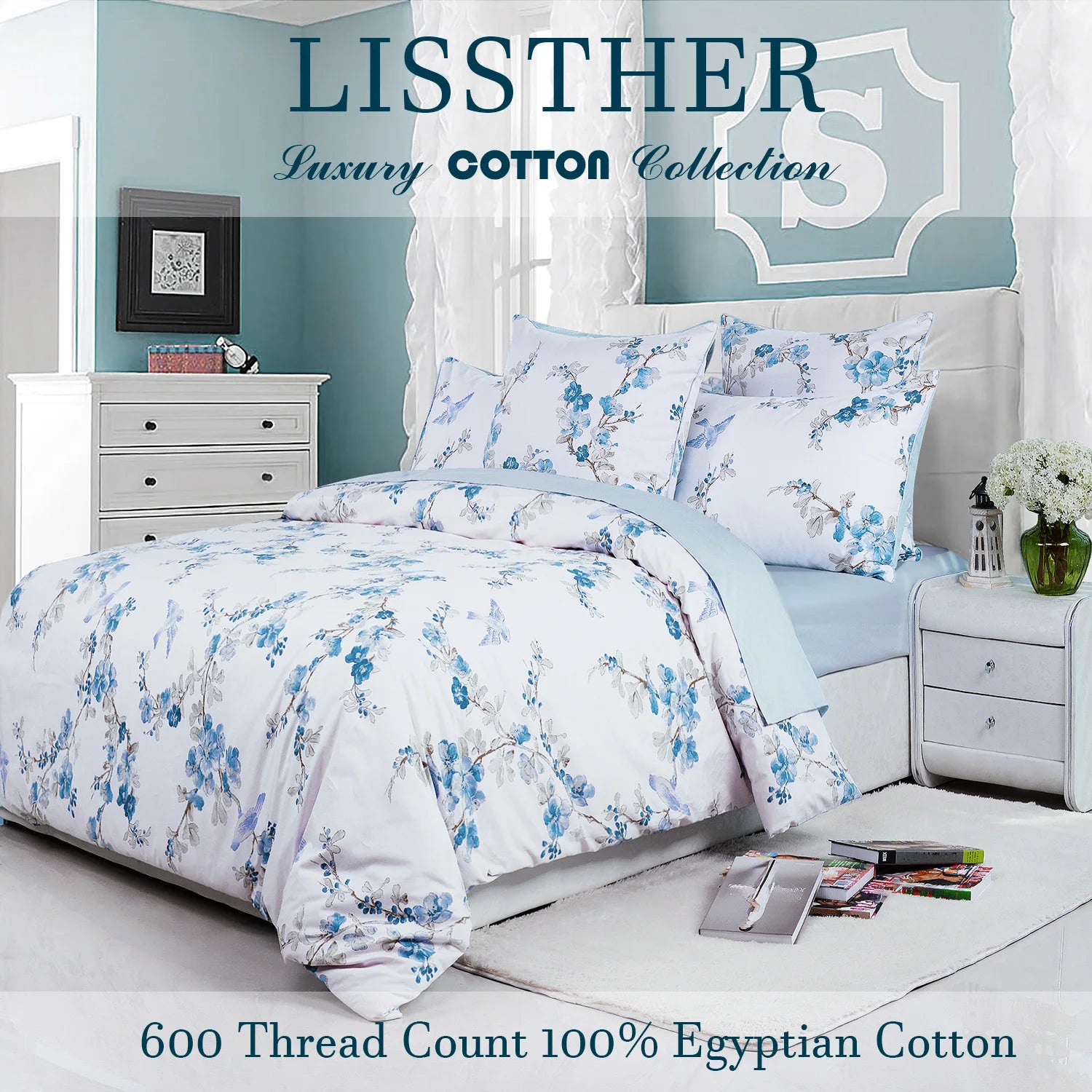 LISSTHERCN 600TC Egyptian Cotton Duvet Cover Set Three Piece