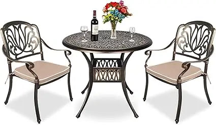 DAFIFY 3 Piece All Weather Outdoor Cast Aluminum Patio Dining Set With Round Table And Chairs