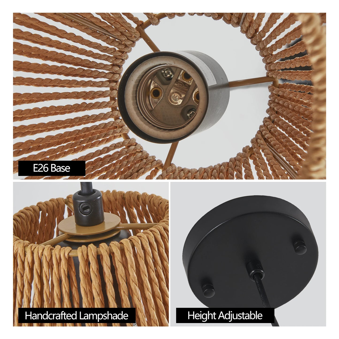 3 Pack Rustic Hemp Rope Pendant Light, Handcrafted Farmhouse Hanging Light Fixture, Adjustable Height Ceiling Lamp (No Bulb)