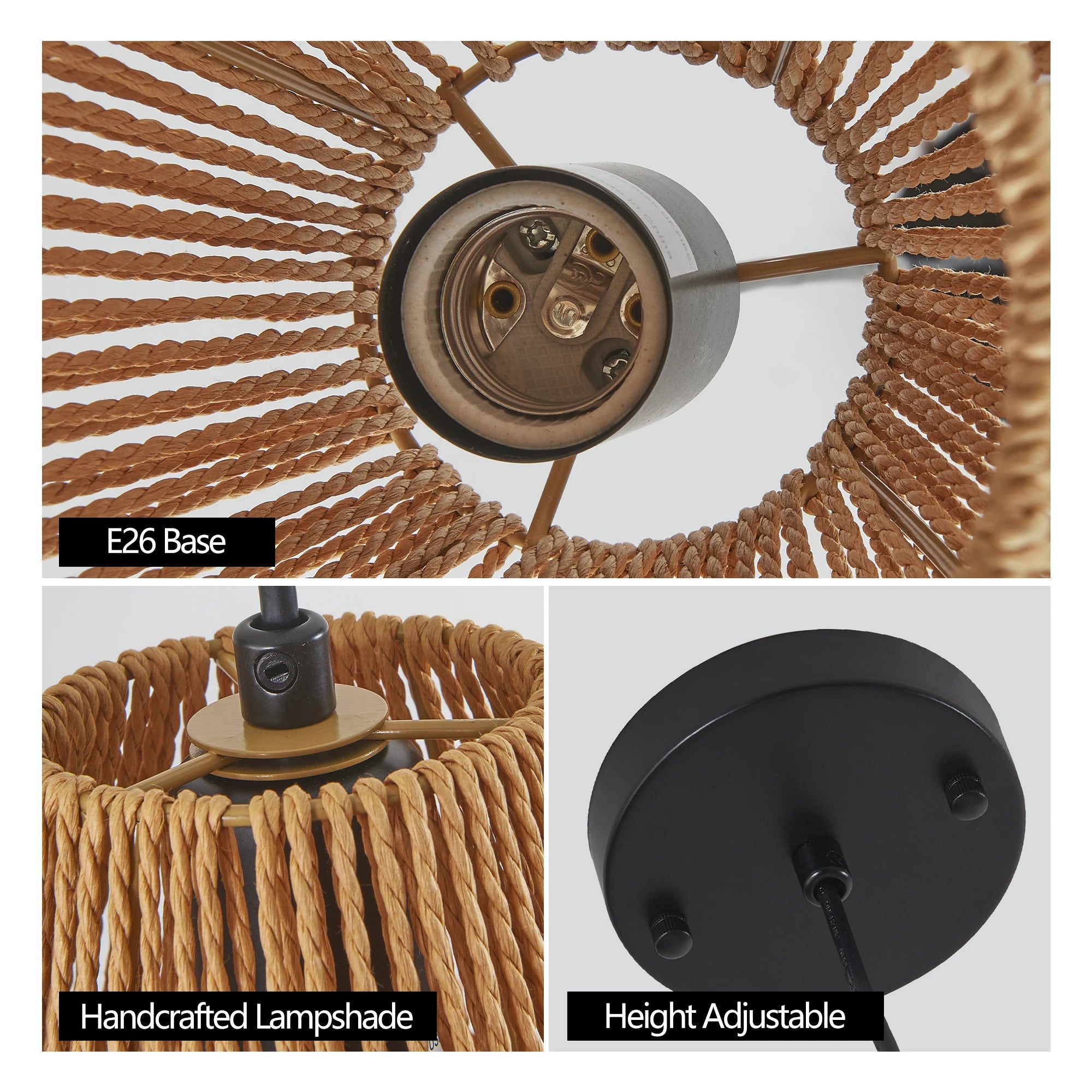 3 Pack Rustic Hemp Rope Pendant Light, Handcrafted Farmhouse Hanging Light Fixture, Adjustable Height Ceiling Lamp (No Bulb)