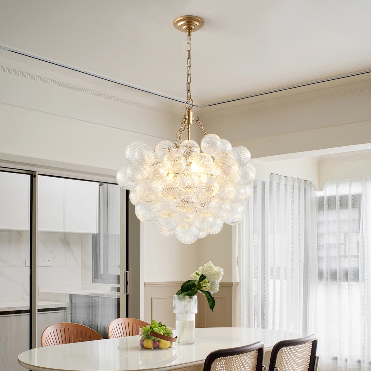20-Inch Gold Pendant Light Chandelier with Threaded Clear Glass Globe Shade  Adjustable Height (No Bulbs)