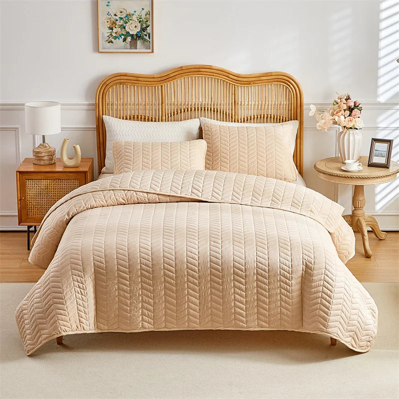 EGWCN Patchwork Bedspread Set Wheat Stripe Pattern 3Pcs Pillowcases