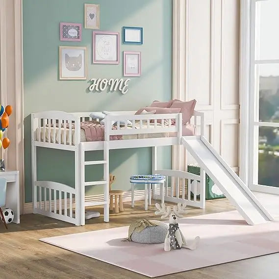 TIFICY Wooden Loft Bed With Slide And Ladder For Kids