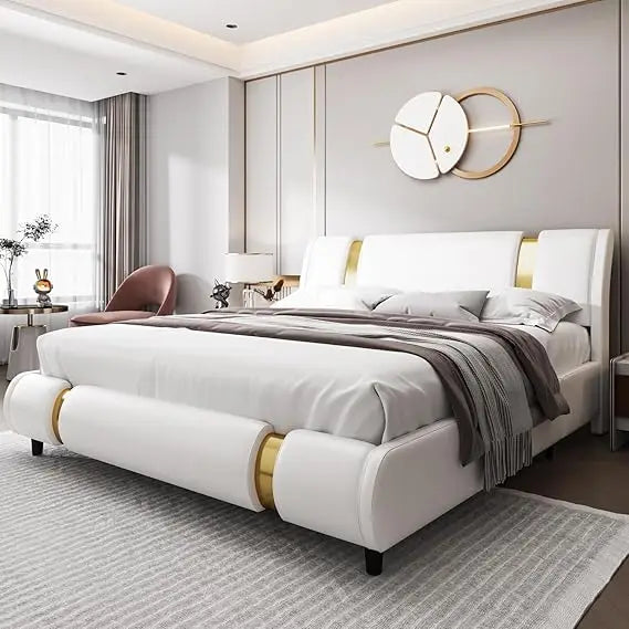 YANYING Modern Faux Leather Platform Bed Frame Golden Metal