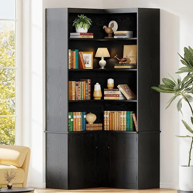 XMSJ Corner Bookshelf With Doors 6 Tier Cabinet Storage