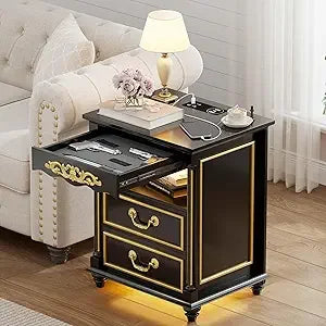 RBXC Farmhouse Nightstand With Gun Drawer LED Lighting And Charging Station