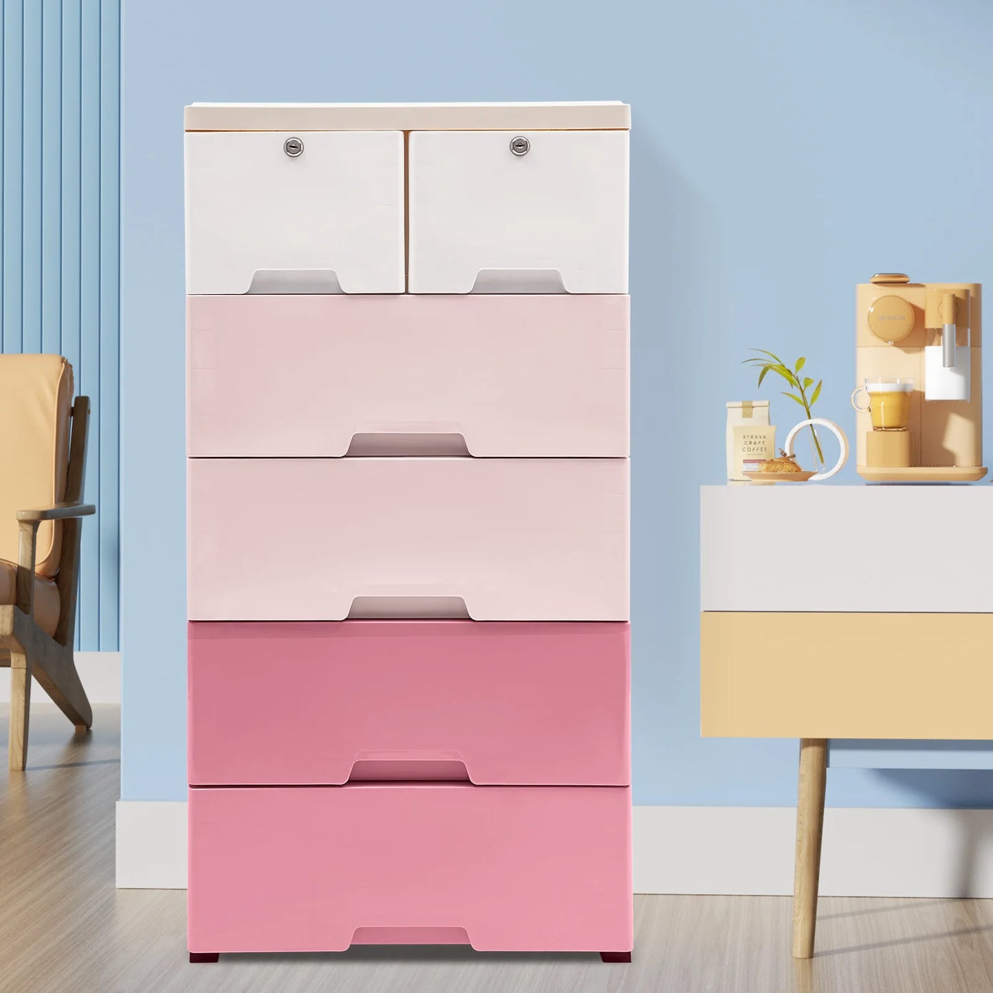 Gradient Pink Plastic Storage Cabinet W/ 6 Drawers - Dresser Organizer for Closet, Bedroom & Office - Modern PP Drawers Dresser