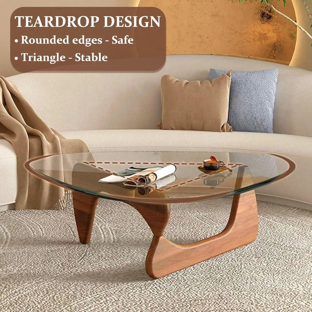 Triangle Glass Coffee Table With Wooden Base Modern