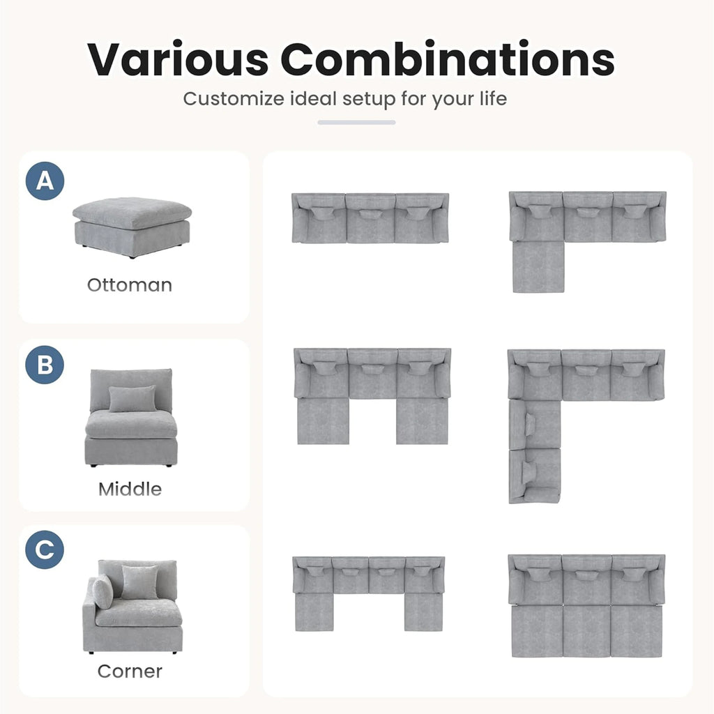 Modular Sectional Sofa for Living Room 160" Cloud Couch Down Filled U Shaped Couch with Ottoman Modern 6 Seater Convertible Sofa