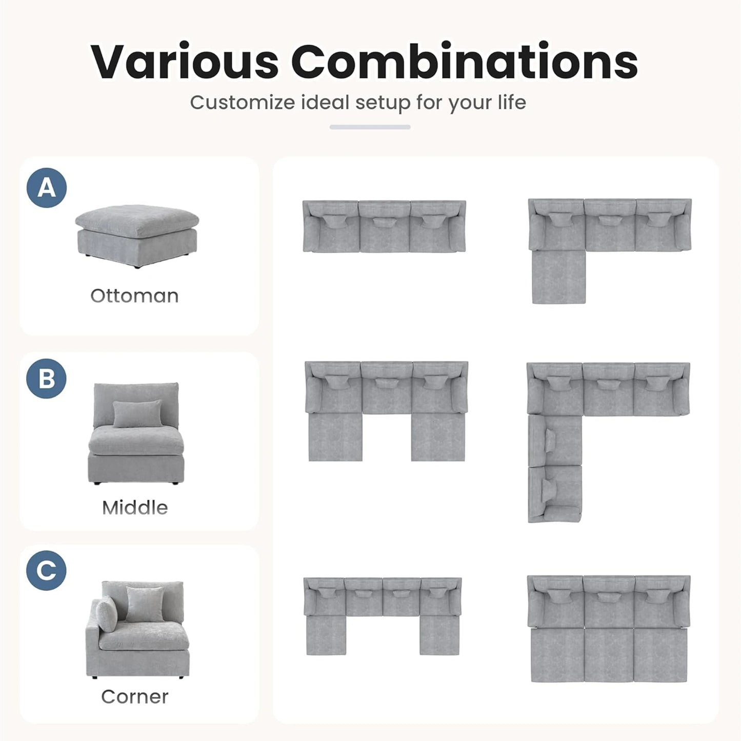 Modular Sectional Sofa for Living Room 160" Cloud Couch Down Filled U Shaped Couch with Ottoman Modern 6 Seater Convertible Sofa