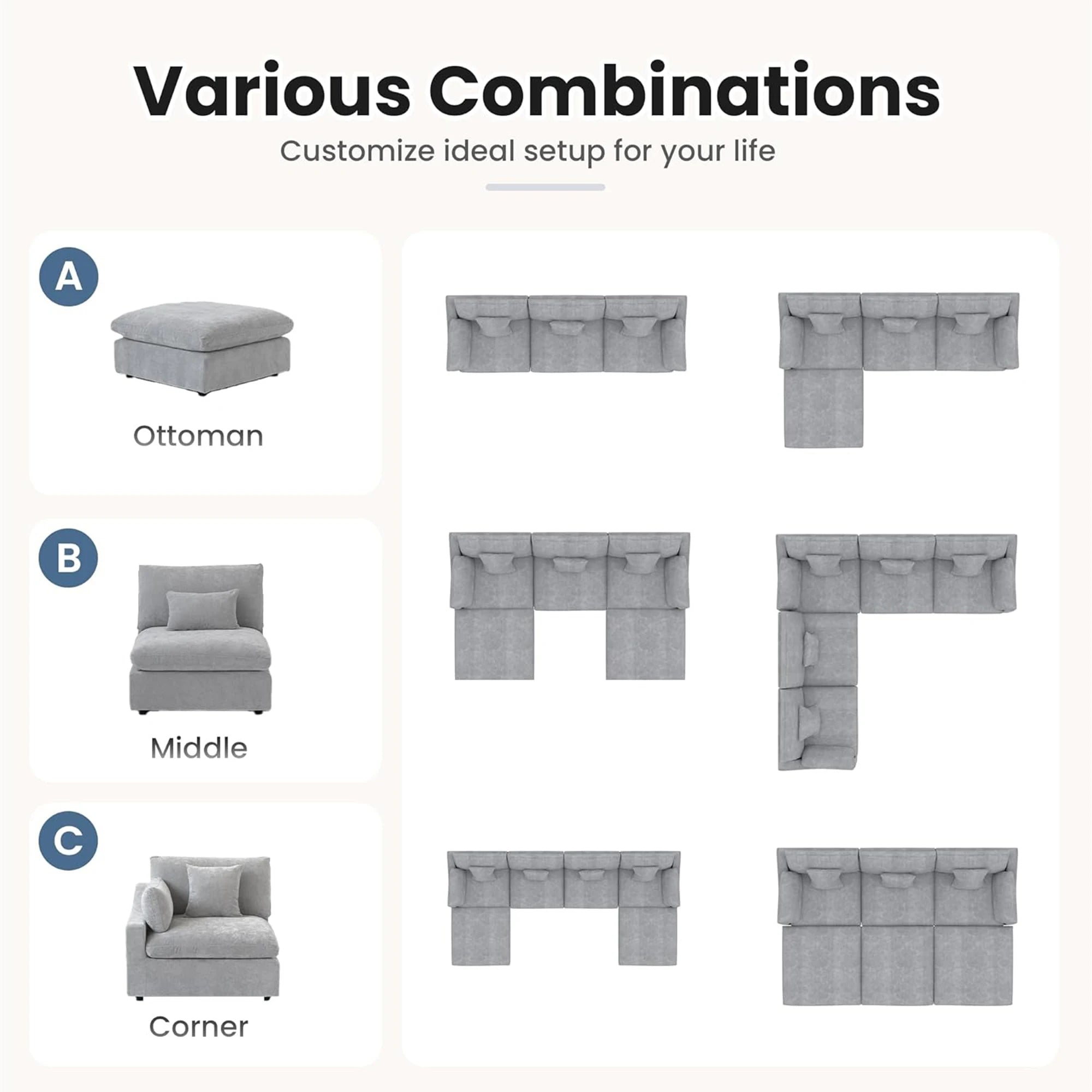 Modular Sectional Sofa for Living Room 160" Cloud Couch Down Filled U Shaped Couch with Ottoman Modern 6 Seater Convertible Sofa