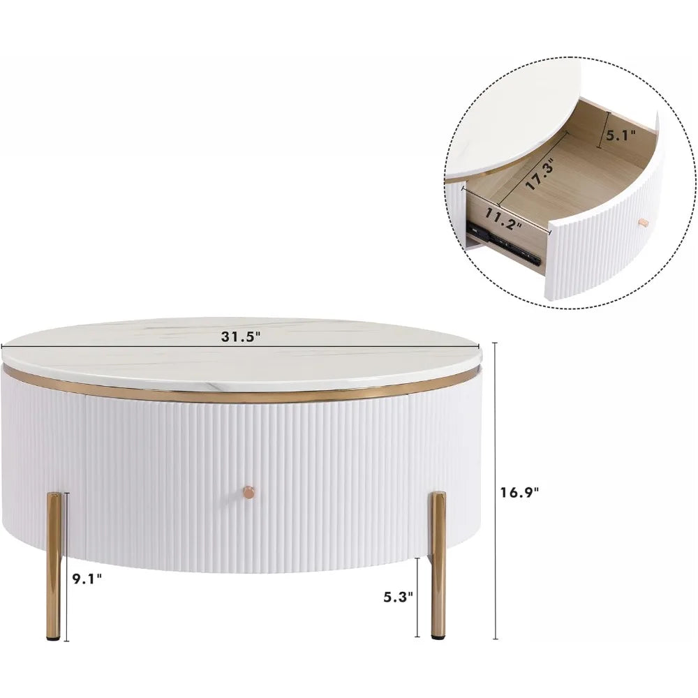 Contemporary Round Marble Pattern Coffee Table With 2 Storage Drawers