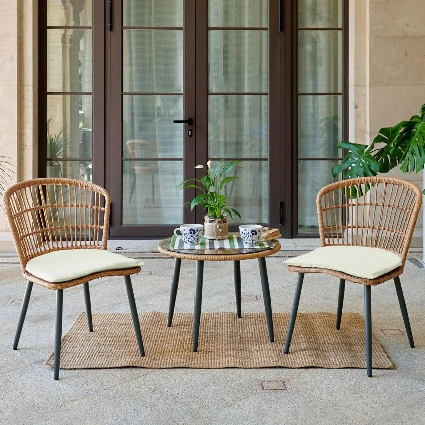 Outdoor Wicker Bistro Set Patio Conversation Set With Glass Table