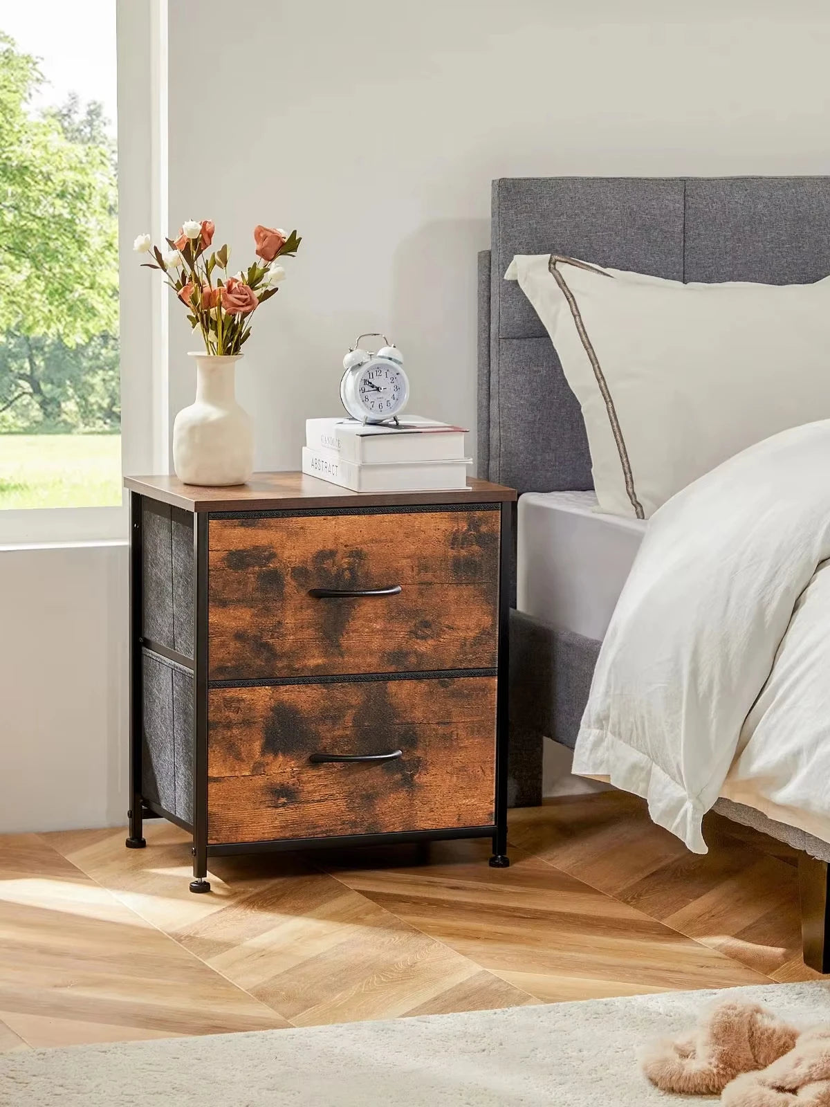 JHK Nightstand Bedside Table With Drawer Storage Two Fabric Drawers