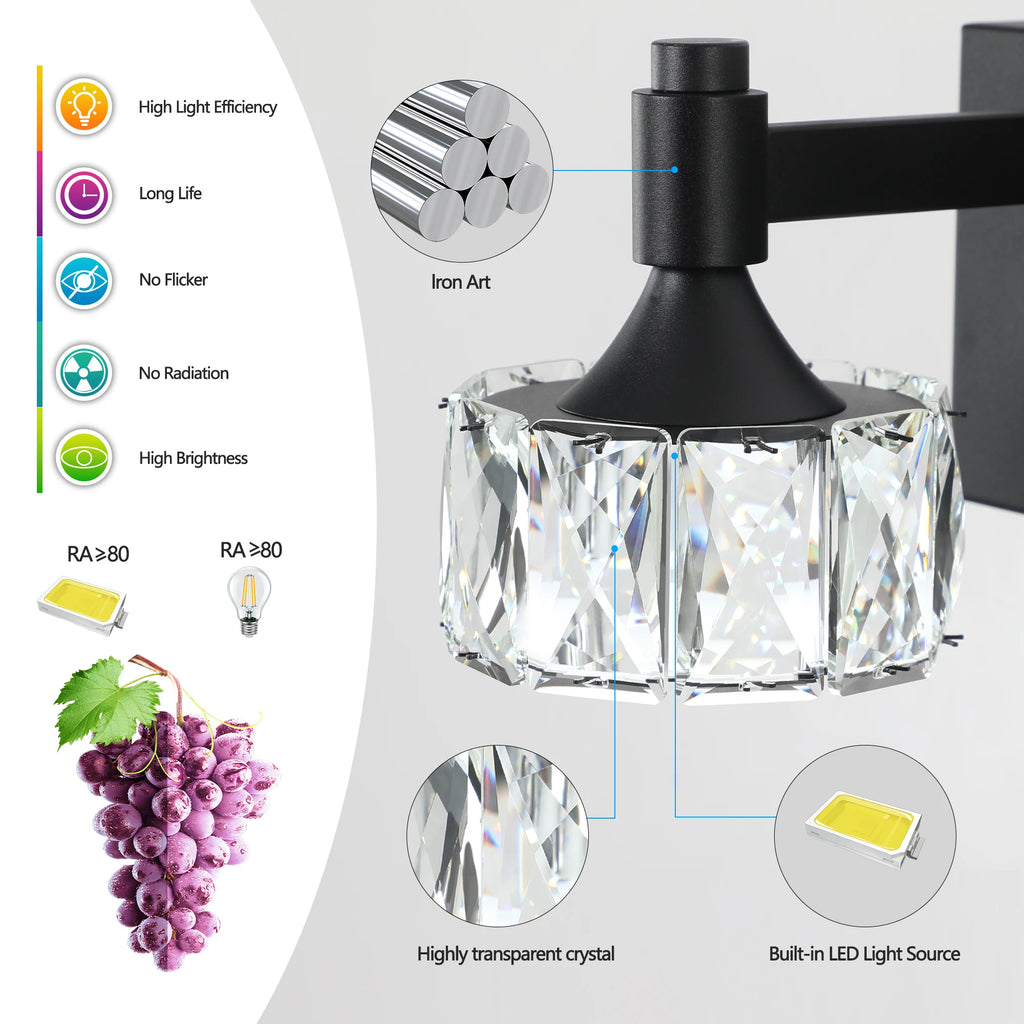LED Vanity Light Modern 6-Light Matte Black Fixture with Crystal Glass Shades, Bathroom Wall Sconce for  Contemporary Home Decor