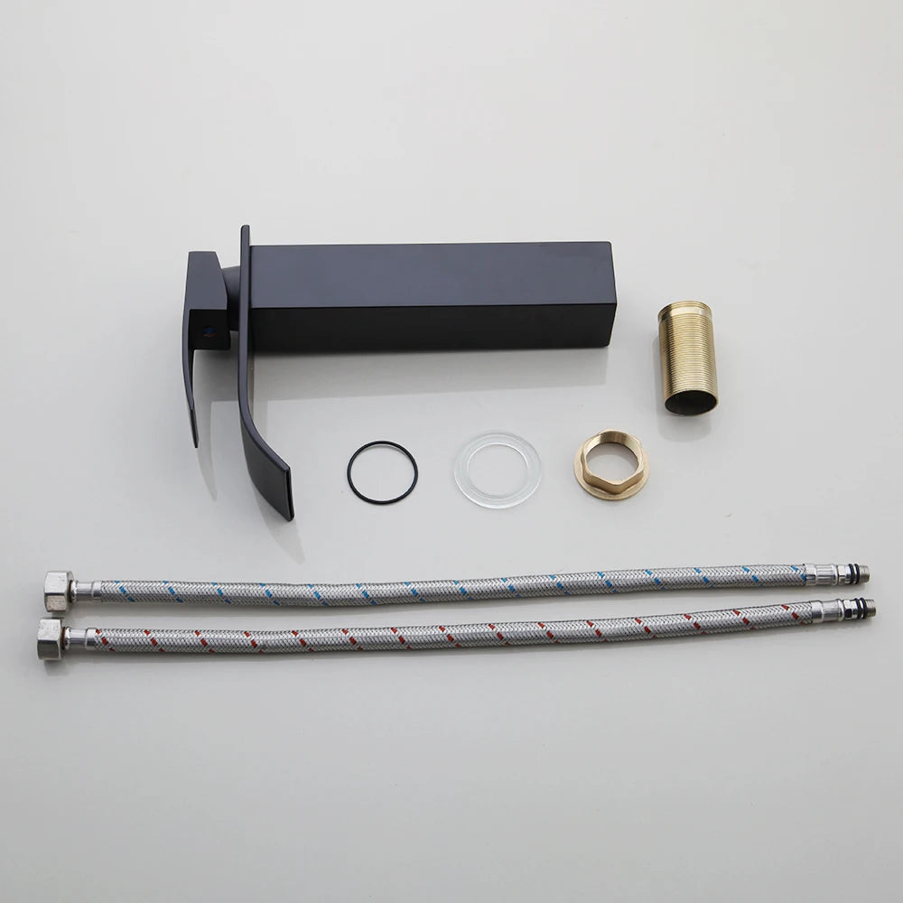 KEMAIDI Bathroom Sink Tempered Glass Washbasin Vessel Sink with Black Waterfall Faucet Bathroom Countertop Basin Sinks