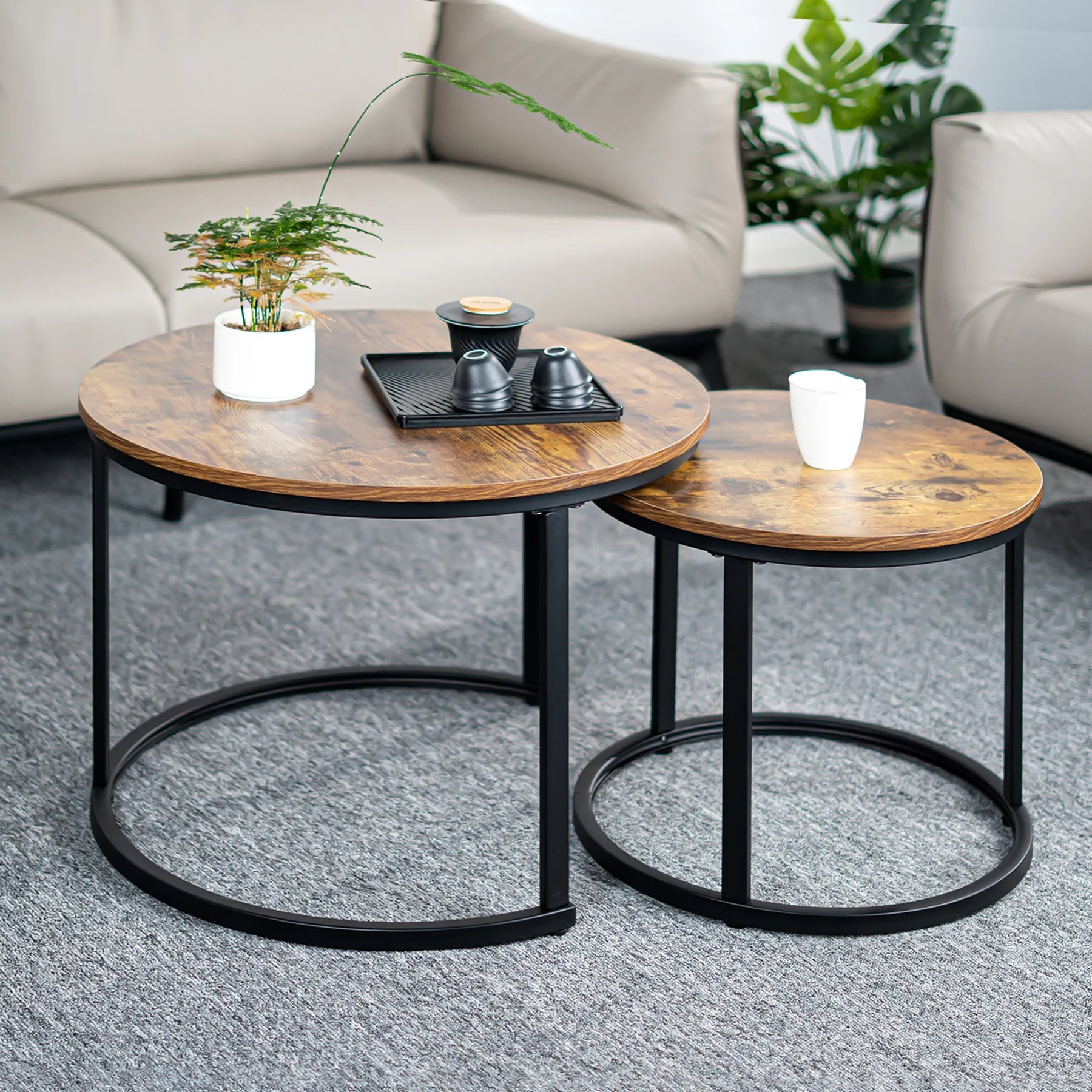 Nesting Coffee Table Set With Round Rustic Solid Wood Top