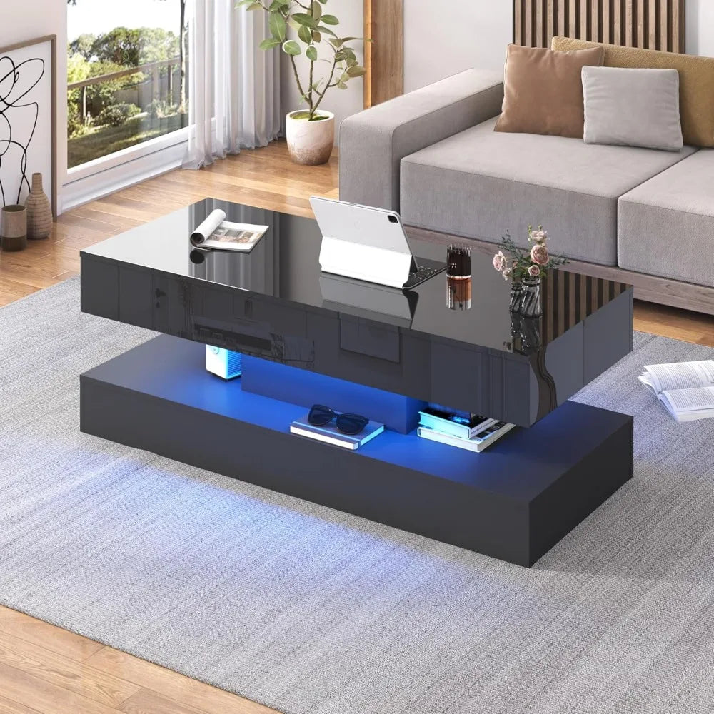 47.2" Large Lift Top Coffee Table,Modern High Glossy LED Coffee Tables for Living Room with Storage,Black Living Room Tables for