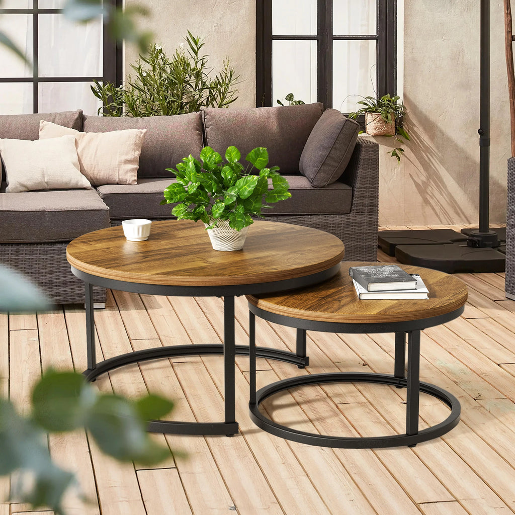 Nesting Coffee Table Set With Round Rustic Solid Wood Top