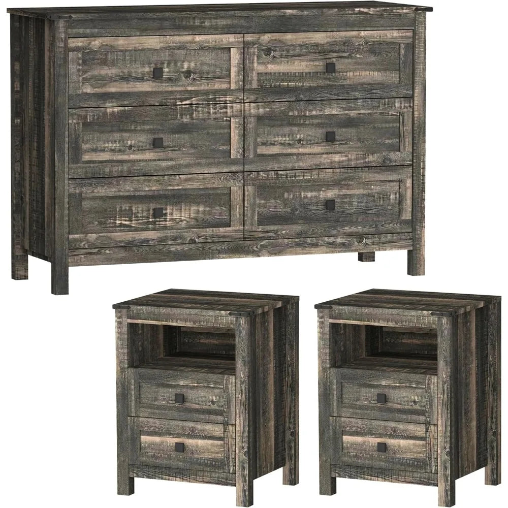 RBXC Farmhouse 3-Piece Bedroom Set With Rustic Dresser And Nightstands
