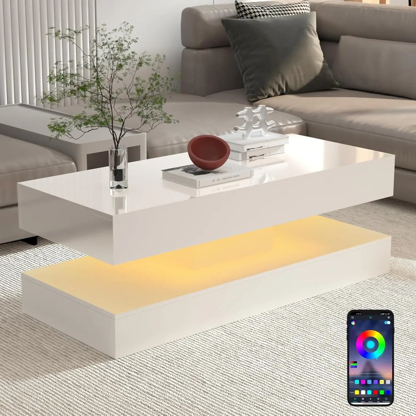 QiaoShiRen Modern Coffee Table With LED Lights Double Layer Storage Drawers