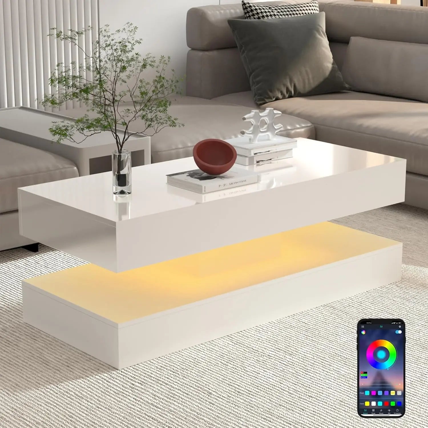 QiaoShiRen Modern Coffee Table With LED Lights Double Layer Storage Drawers