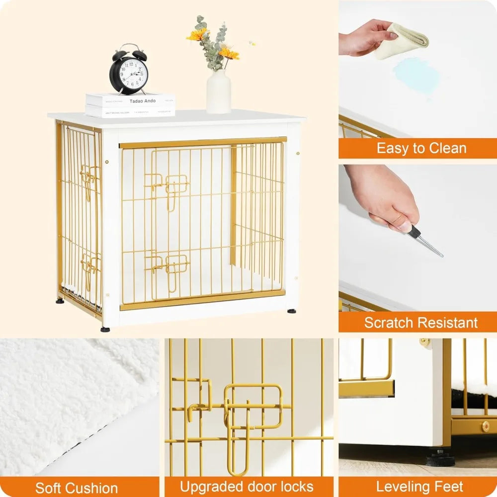 Wooden Dog Crate Furniture With Cushion, Double Doors Kennel Table