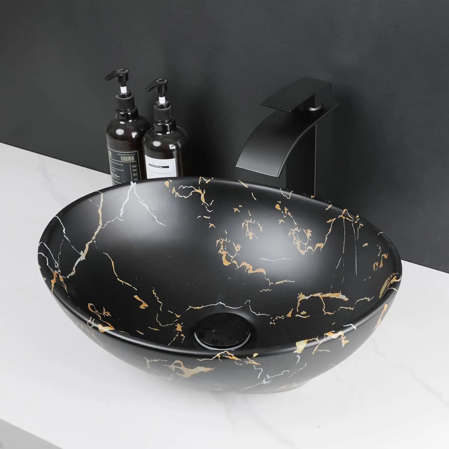 KEMAIDI Oval Vessel Sink with Faucet White Marbling Bathroom Vessel Sinks Above Counter  Ceramic Vessel Sinks for Bathroom Mixer