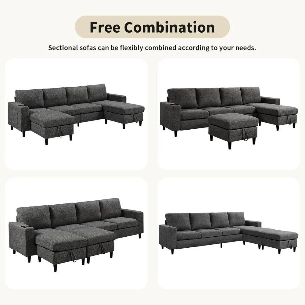 Sectional Couches for Living Room, 6-Seats Soft Linen Fabric Sectional Sofa with Storage Ottoman, Modern Convertible U/L Shaped