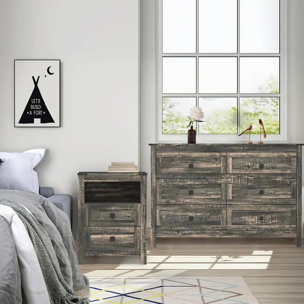 RBXC Farmhouse 3-Piece Bedroom Set With Rustic Dresser And Nightstands