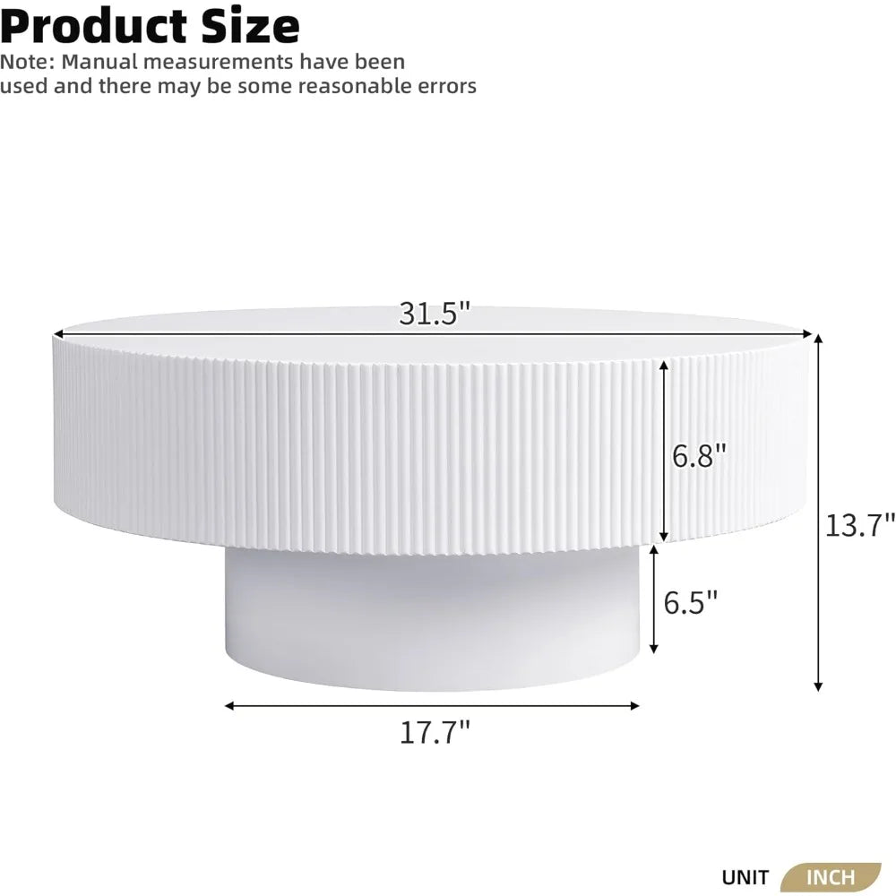 31.5 Inch Round Drum Coffee Table, Modern Handcraft Fluted Drum Coffee Table, Wooden Round Coffee Table Center Table Cocktail Ta