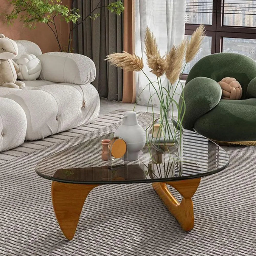 Triangle Glass Coffee Table With Wooden Base Modern