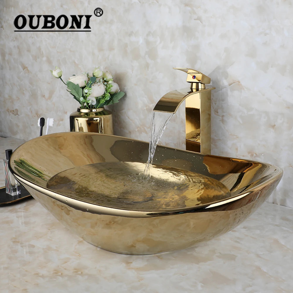 OUBONI Gold Ceramic Luxury Bathroom Vessel Sink Set  Bowl Washbasin Waterfall Brass Faucet Pop Up Drain Combo High-End Basin Kit