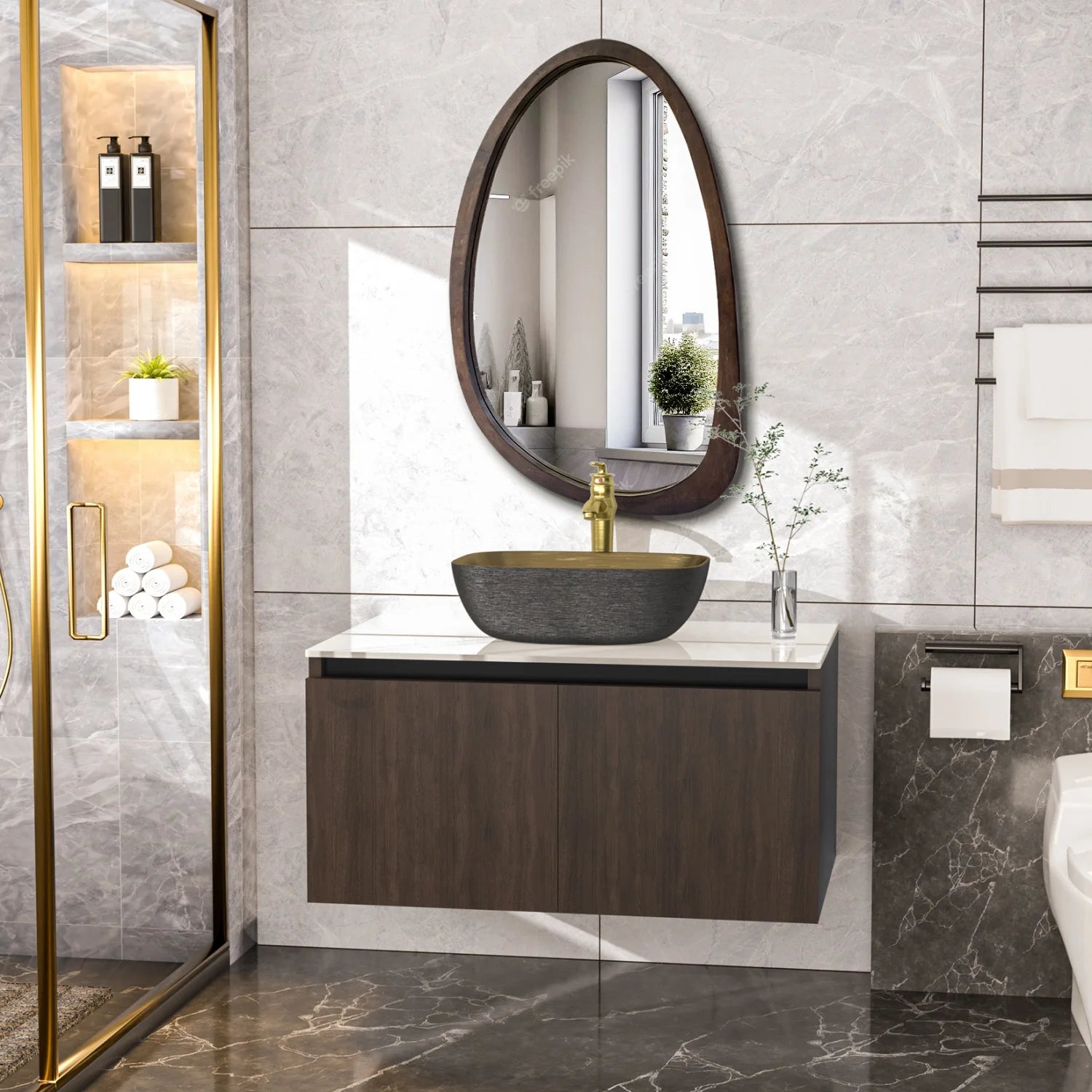 80/100/120CM Modern Floating Bathroom Vanity Sink Combo Wall Cabinet Set Ceramic Basin Stone Top Faucet and Flexible Hoses