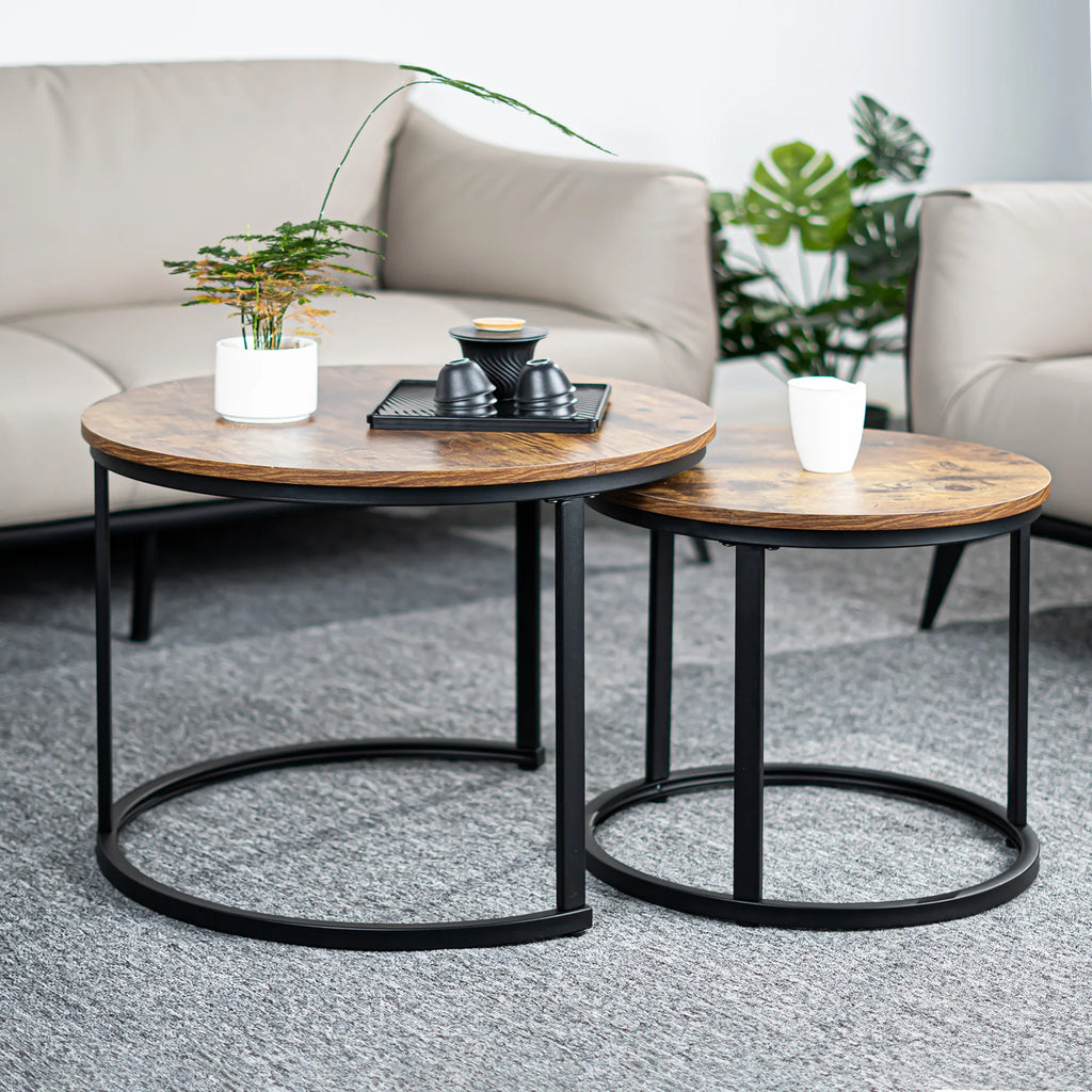 Nesting Coffee Table Set With Round Rustic Solid Wood Top