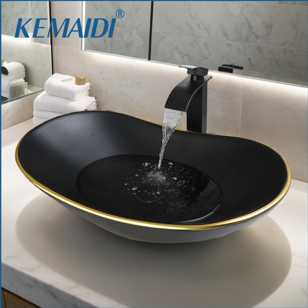 KEMAIDI Black Bathroom Sink with Gold Trim Oval Porcelain Vessel Sink with Faucet Drain Combo Above Counter Wash Basin Sink Bowl