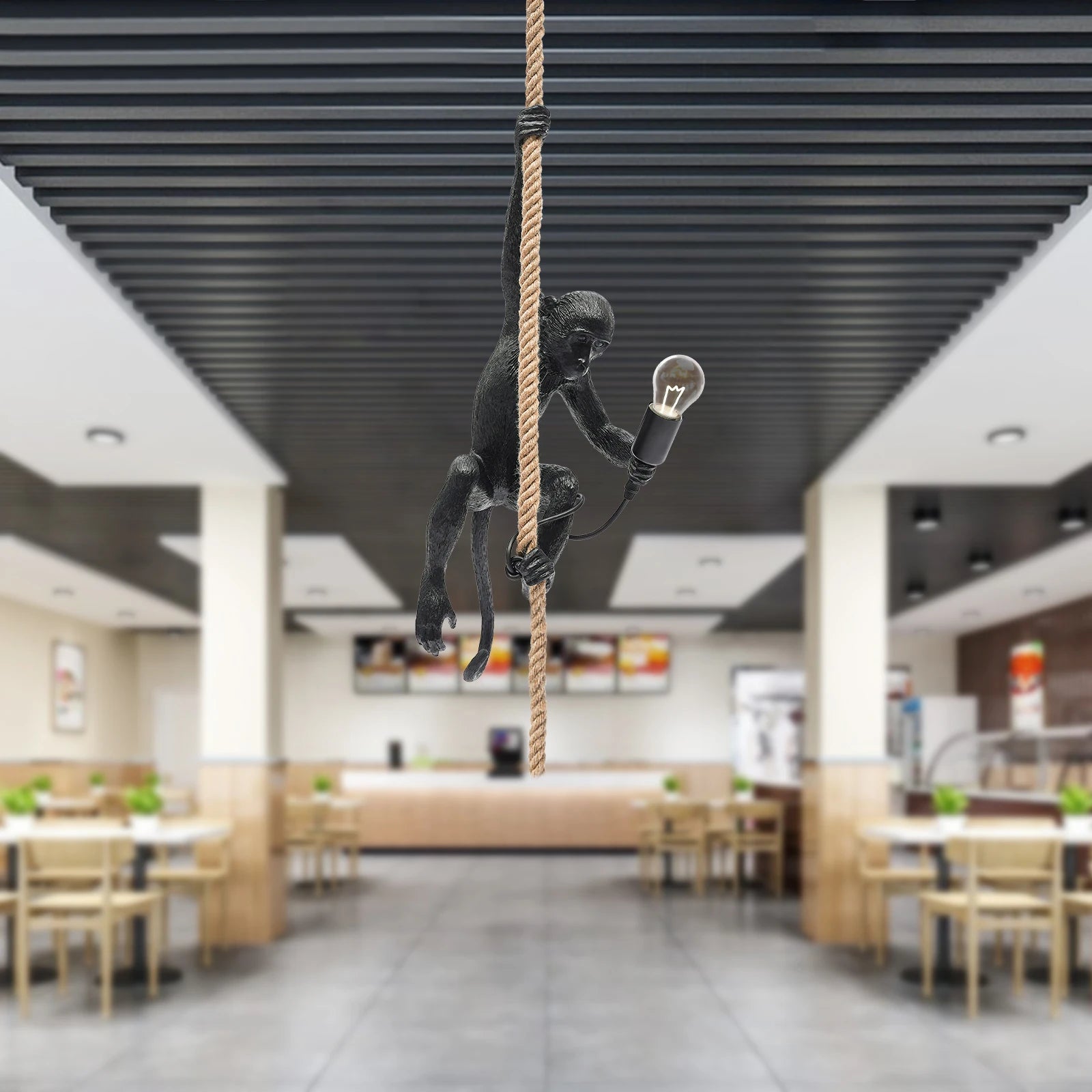 Monkey Pendant Light With Adjustable Hemp Rope And Resin Detail