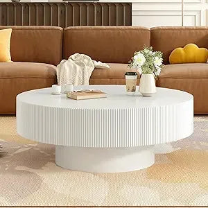 31.5 Inch Round Drum Coffee Table, Modern Handcraft Fluted Drum Coffee Table, Wooden Round Coffee Table Center Table Cocktail Ta