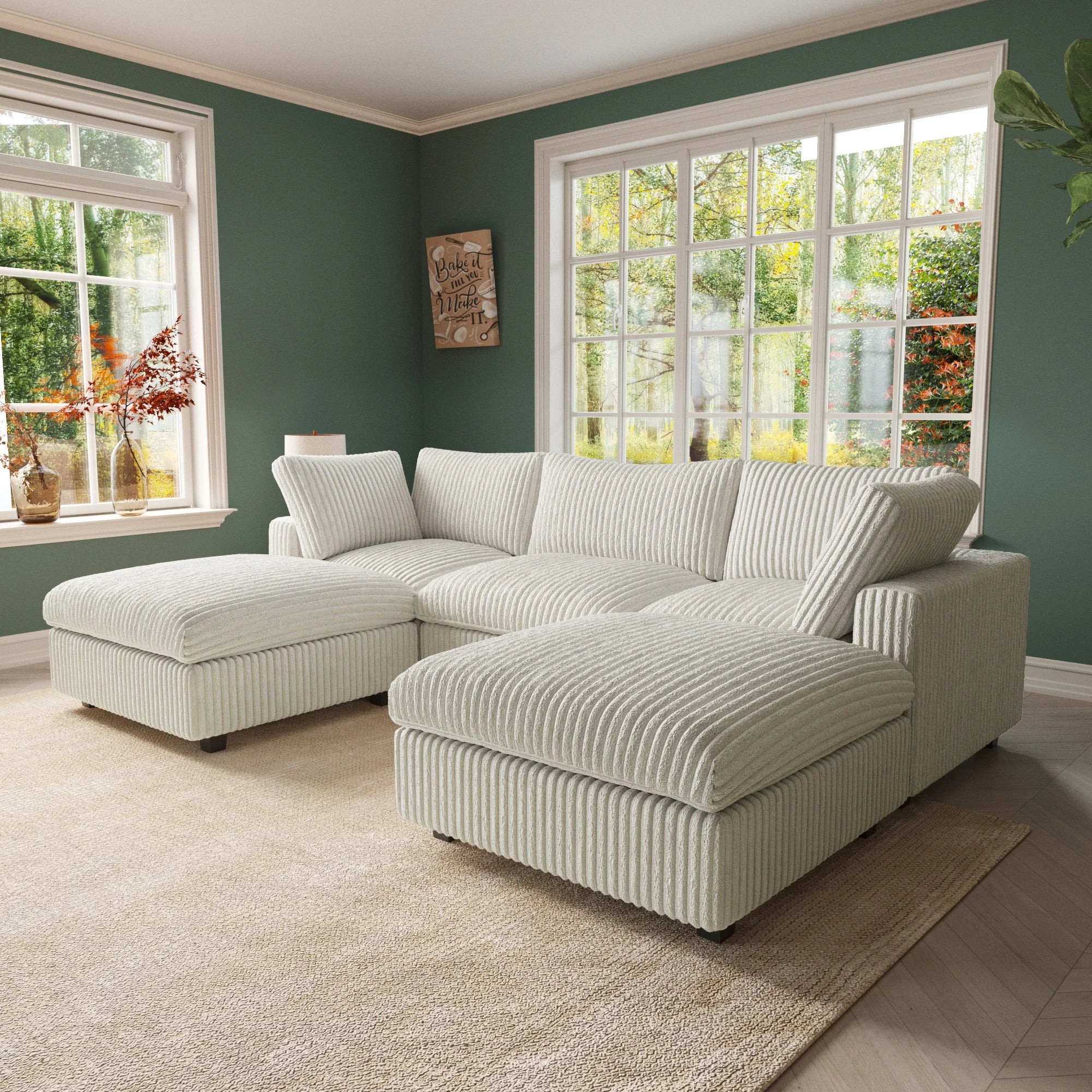 118'' Comfy Plush Fabric Sectional Sofa Couch Modula U-shape Upholstered Couch 3 Seats with 2 Ottomans for Living Room Sofa Set