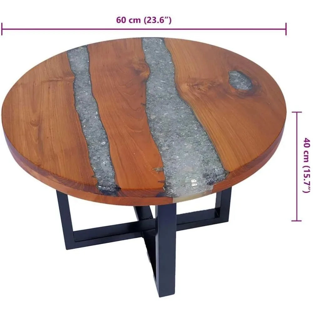 Teak Mango Wood Round Coffee Table With Resin Inlay