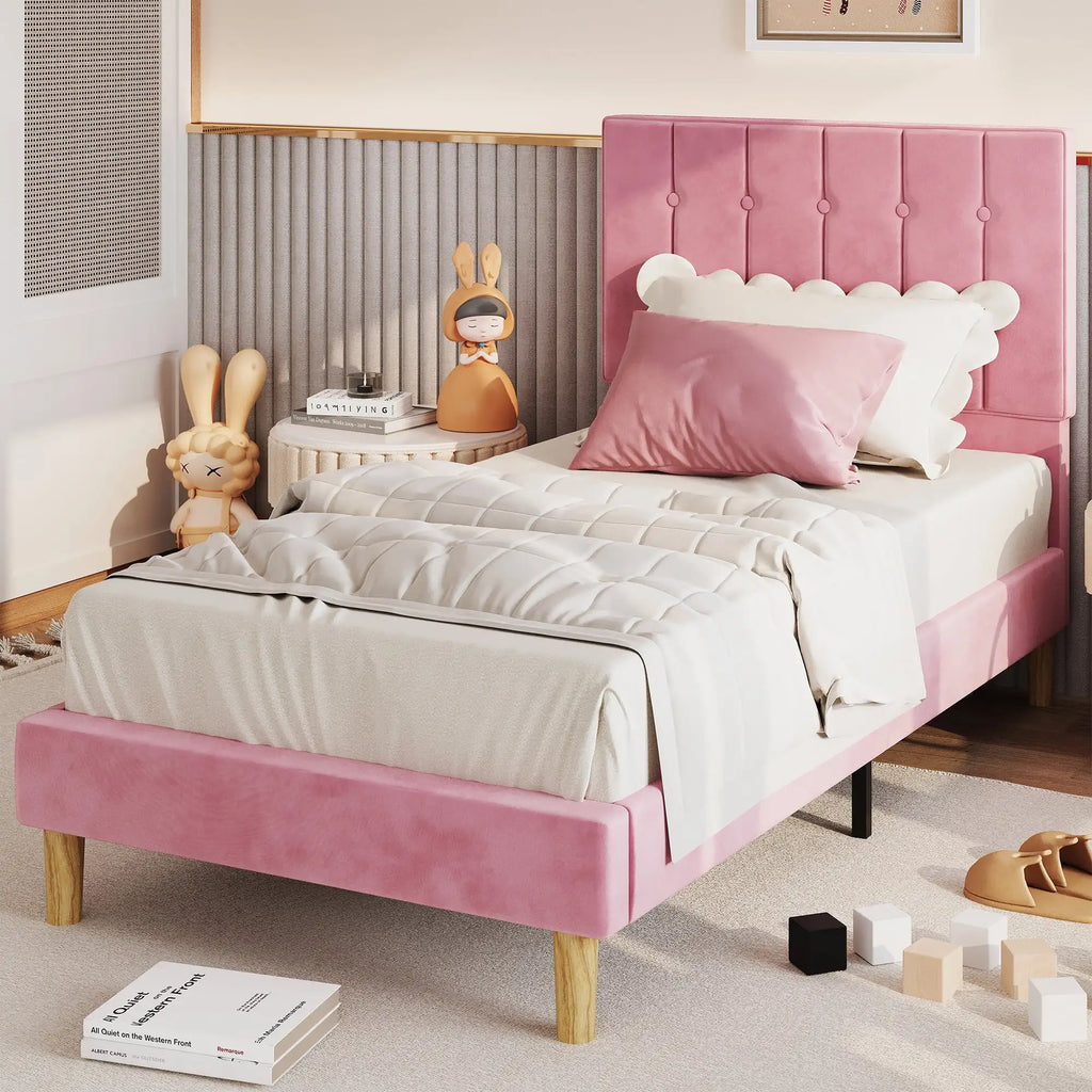 LIKIMIO Velvet Upholstered Twin Bed Frame With Headboard And Slats