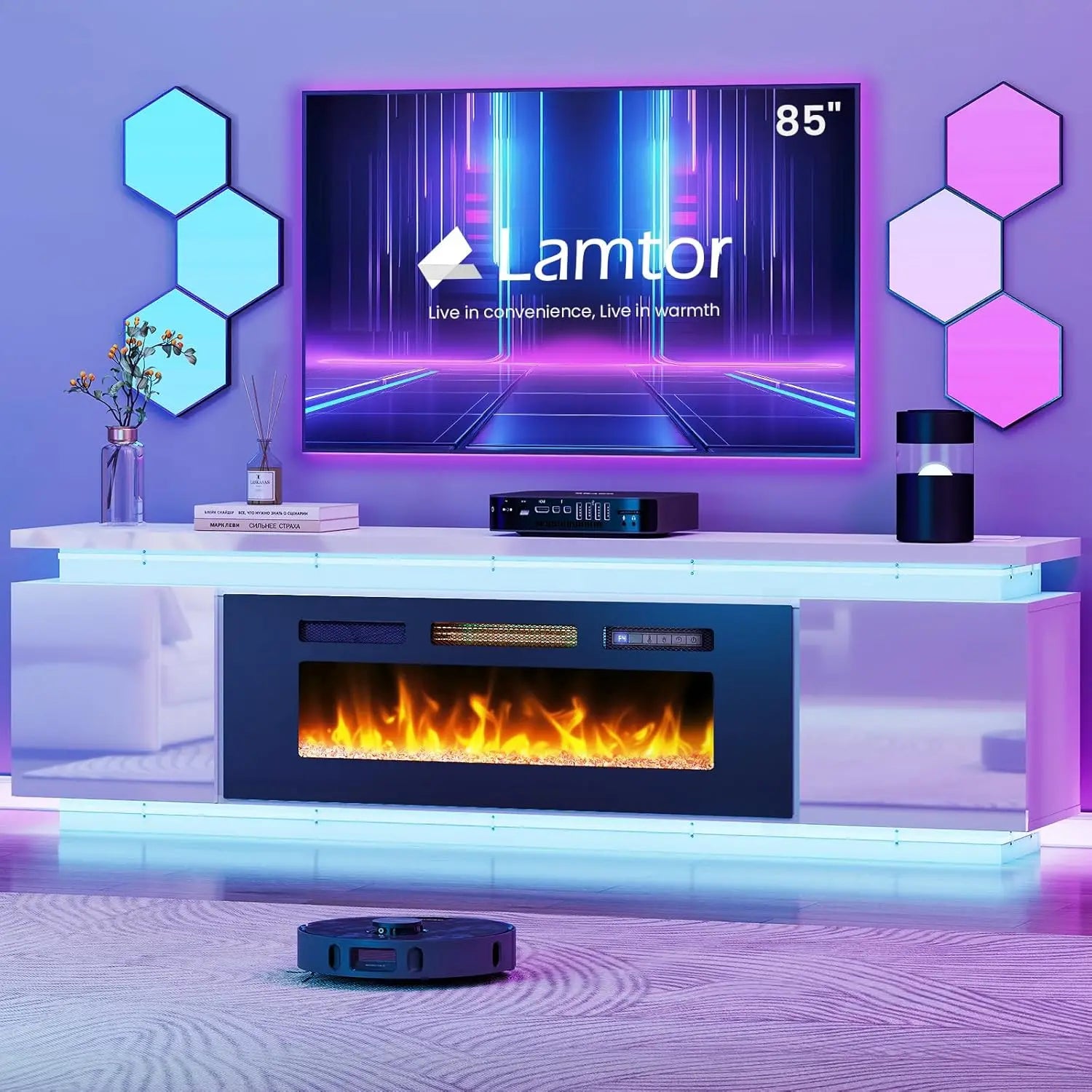 Angduo Fireplace TV Stand With LED Lights And Outlets