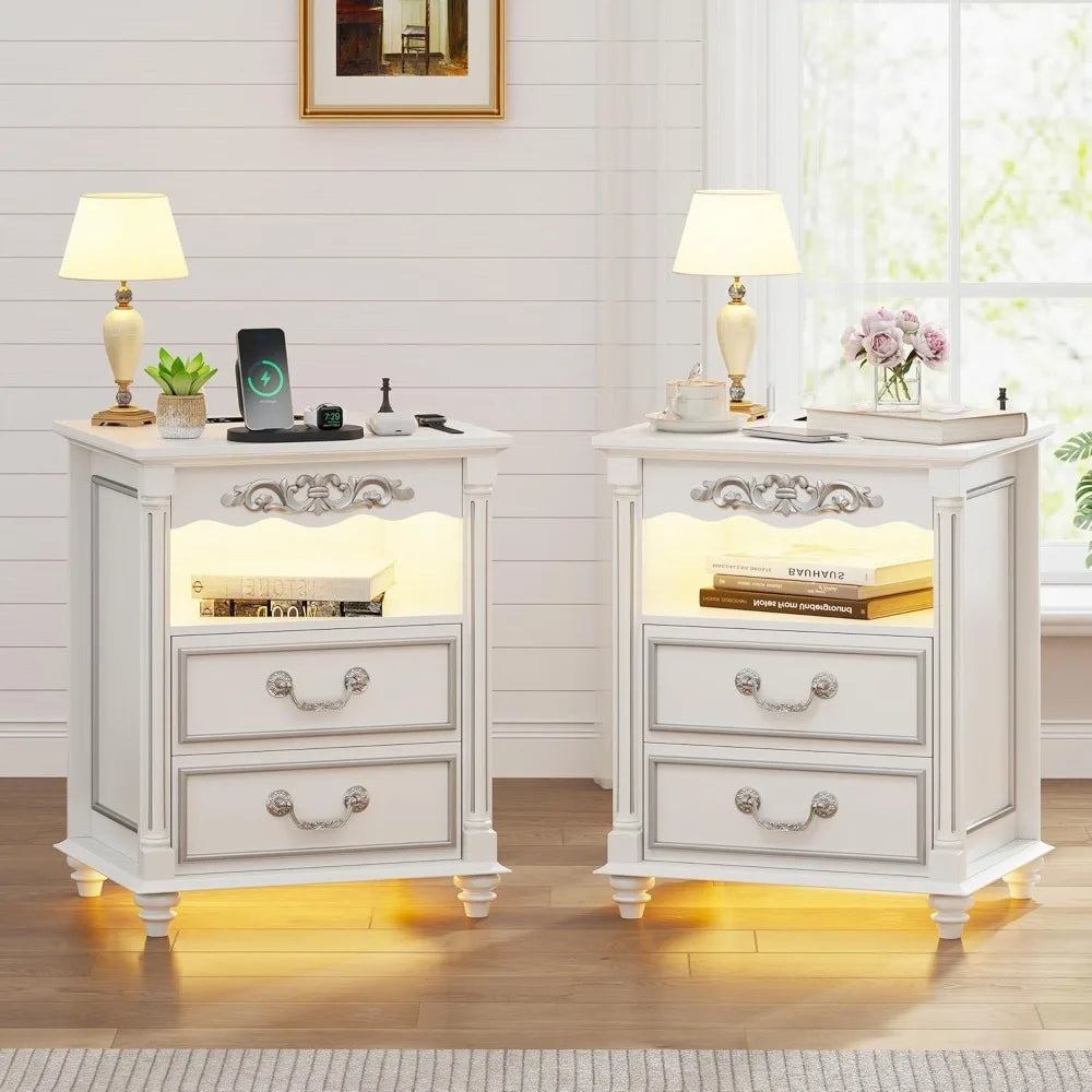 RBXC Farmhouse Nightstand With Gun Drawer LED Lighting And Charging Station
