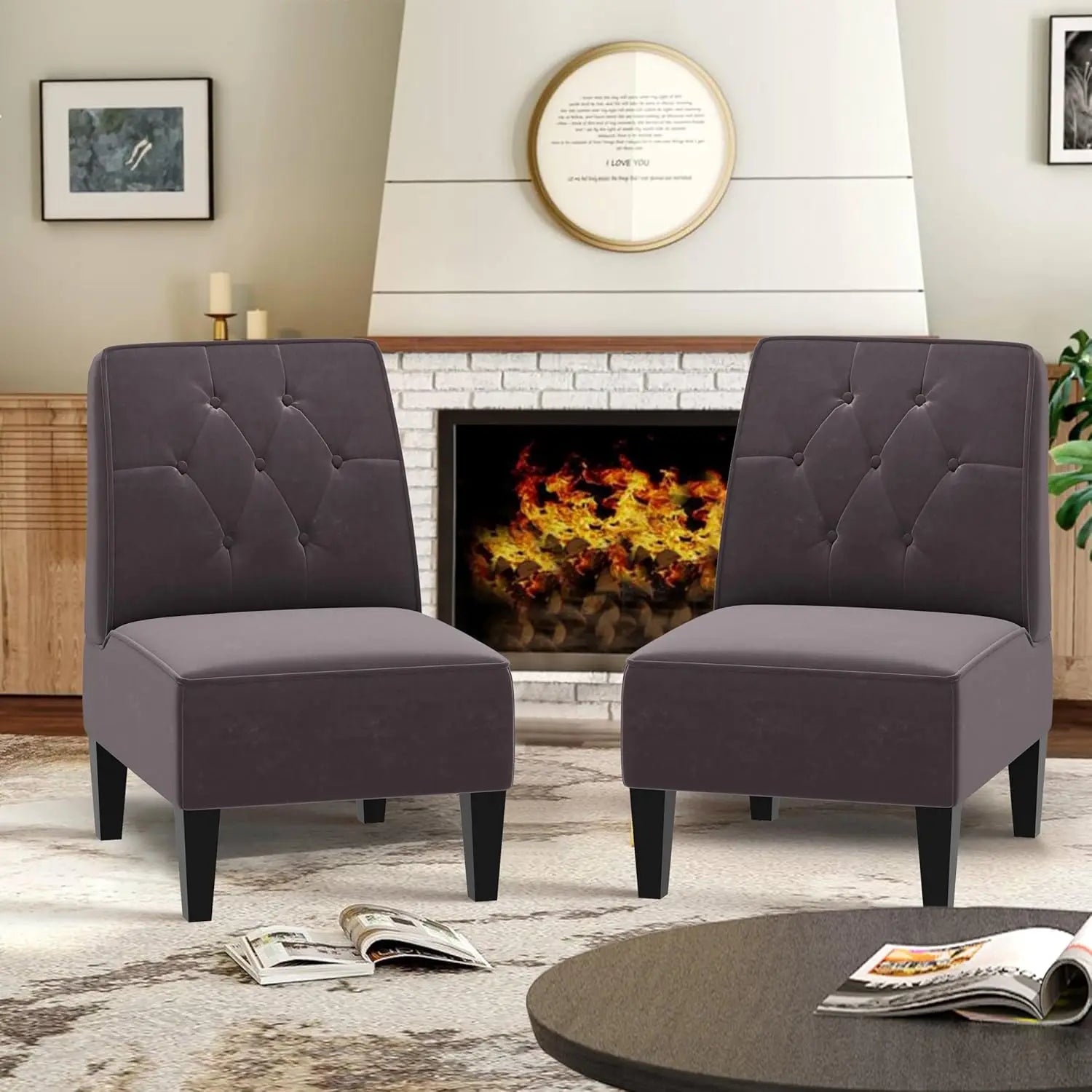 ZHUXIANG Set Of 2 Modern Accent Chairs Armless With Wood
