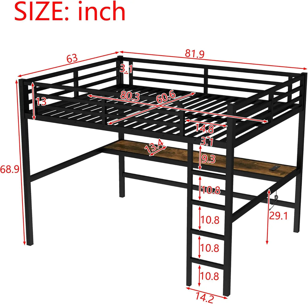 Sturdy Metal Loft Bed Desk LED Lighting And USB Charging