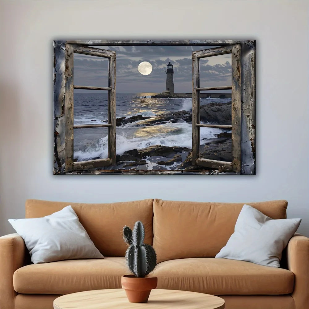 Coastal Lighthouse Beach Mural In Pine Wood Frame Wall Art
