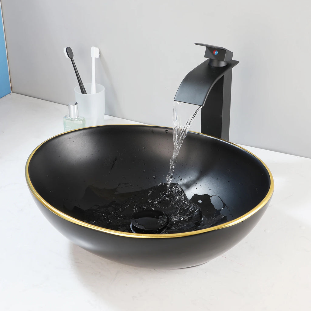 KEMAIDI Oval Vessel Sink with Faucet White Marbling Bathroom Vessel Sinks Above Counter  Ceramic Vessel Sinks for Bathroom Mixer