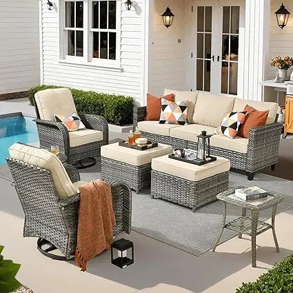 Ovios Patio Wicker Sofa Set With Swivel Chairs Cushions