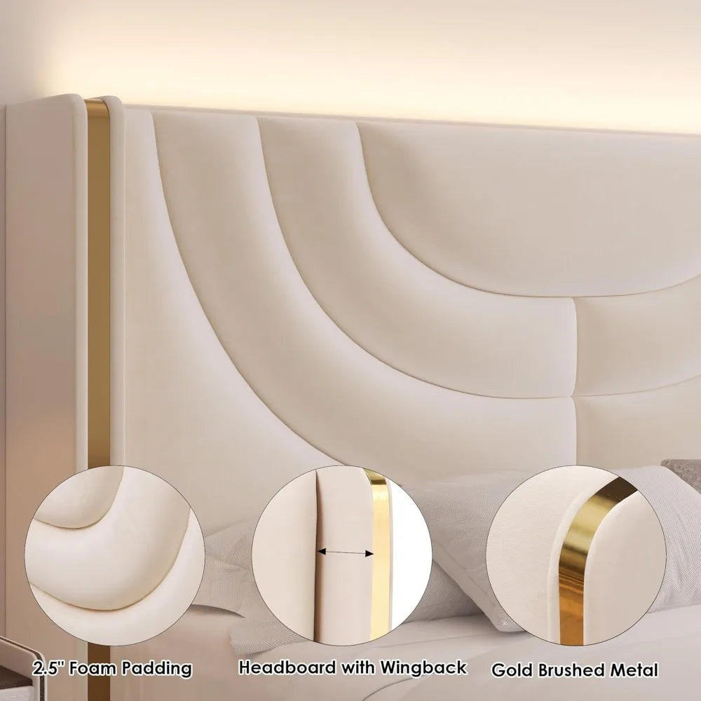 LZJV Luxury Velvet LED Bed Frame With Wingback Headboard And Solid Wood Slats