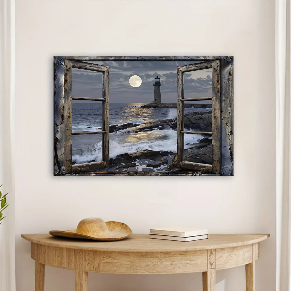 Coastal Lighthouse Beach Mural In Pine Wood Frame Wall Art